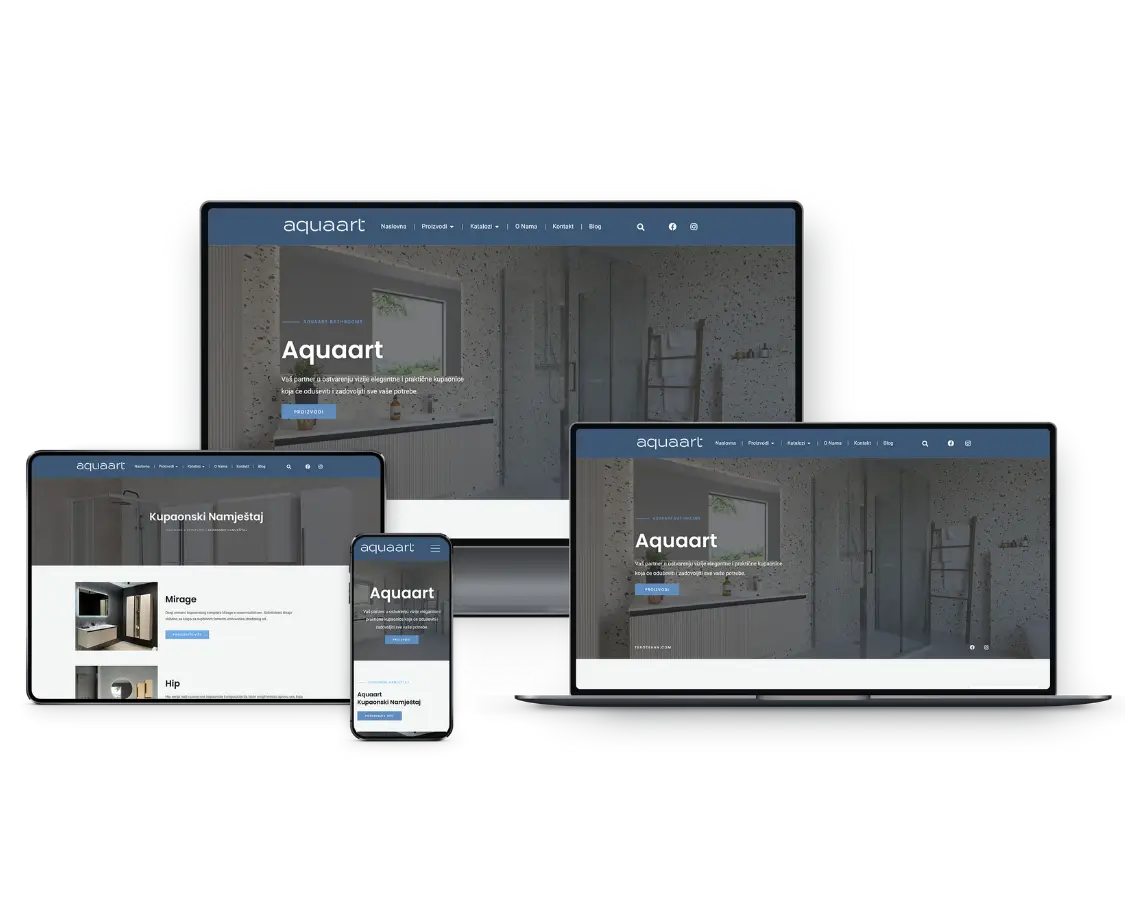 Prikaz Aquaart Bathrooms web stranice s katalogom kupaonskog namještaja i tuš kabina