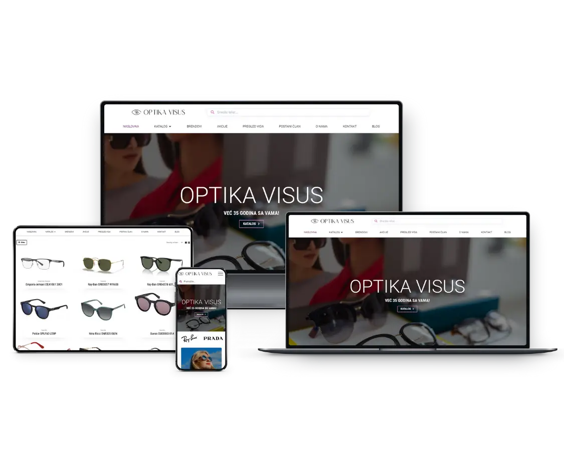 Prikaz web stranice Optika Visus s modernim dizajnom i katalogom naočala